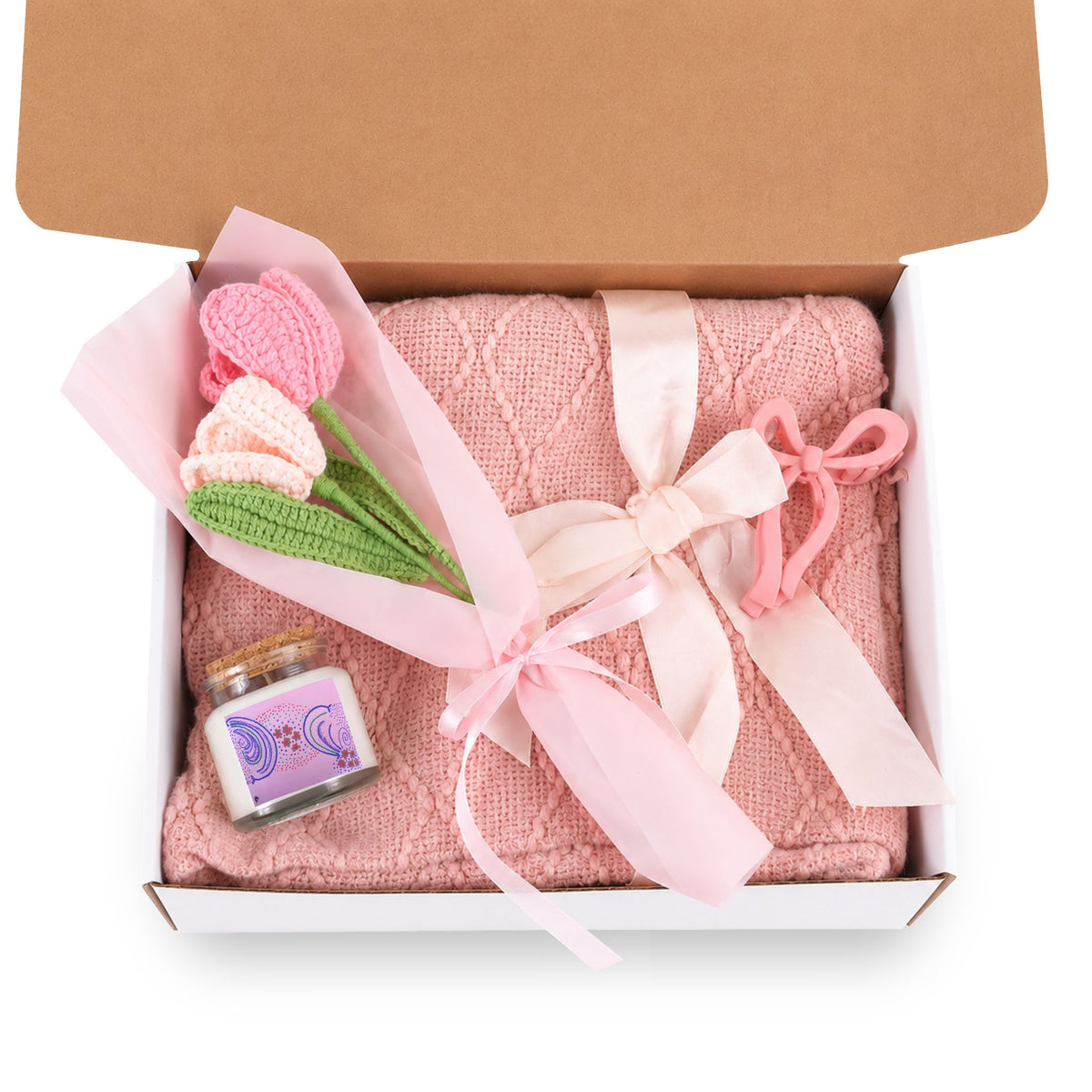 4-Piece Blush & Bloom Gift Set (Candle, Blanket, Crochet Bouquet, Bow Clip)