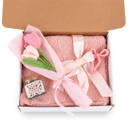 4-Piece Blush & Bloom Gift Set (Candle, Blanket, Crochet Bouquet, Bow Clip)