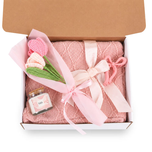 4-Piece Blush & Bloom Gift Set (Candle, Blanket, Crochet Bouquet, Bow Clip)